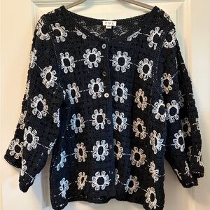 NWT POL Black Crochet Cardigan with Cream Floral Motif